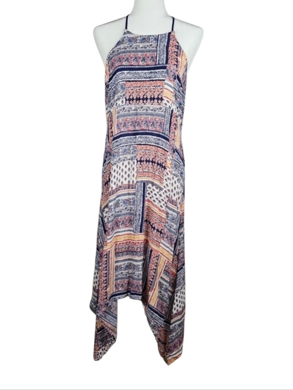 Boho Beach Asymmetrical Dress Navy Blue Orange Multicolor Sundress Bohemian, L - Picture 8 of 8